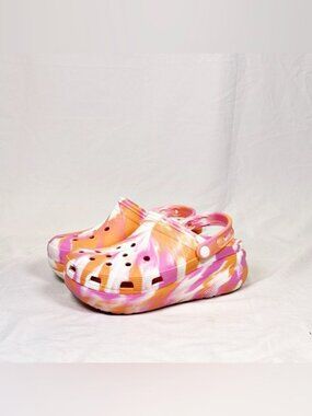 Crocs Big Kids Marbled Orange and Pink Classic Cutie Platform Clogs~J-5~